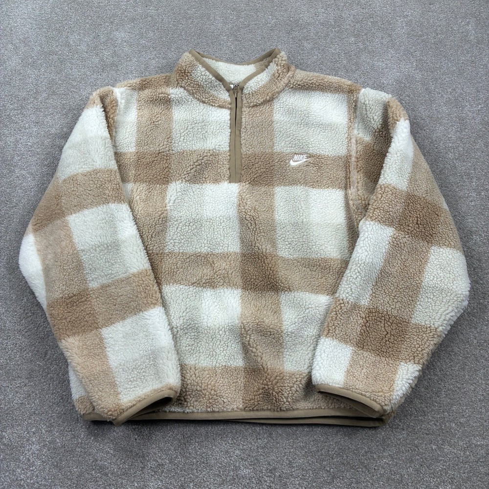 Nike SPTCAS Mens Medium Fleece Pullover Quarter Zip Checkered Beige White